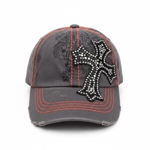 Way West Junior Rhinestone Cross Hat Gray Red Stitch Distressed Cap Y2K